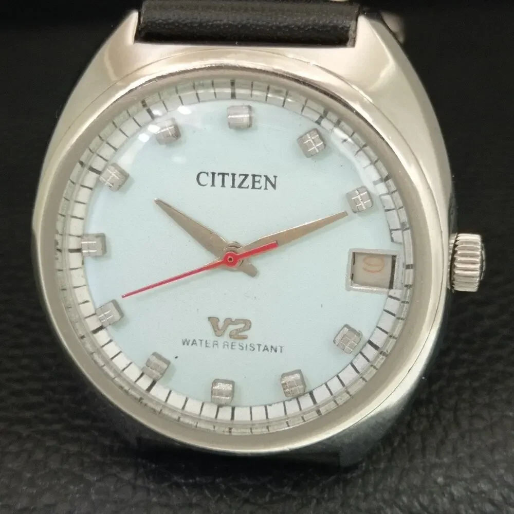 Vintage 1981 Citizen Manual Wound Mens Silver Watch W/Date & Red accents